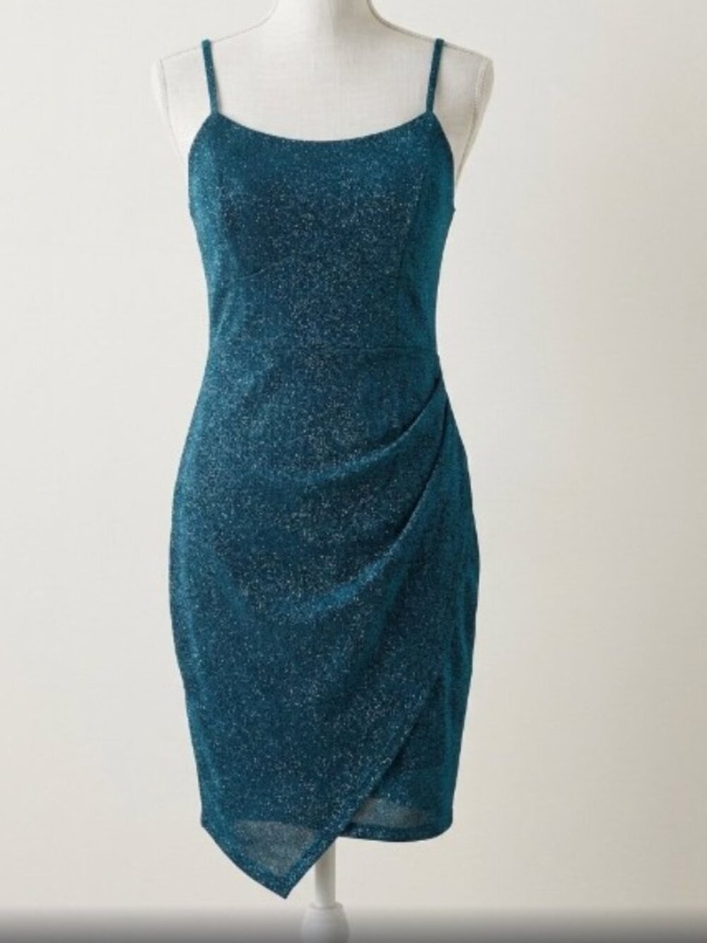 Crystal Sky Shimmer Teal Blue Glitter Ruched Tulip Mini Dress S